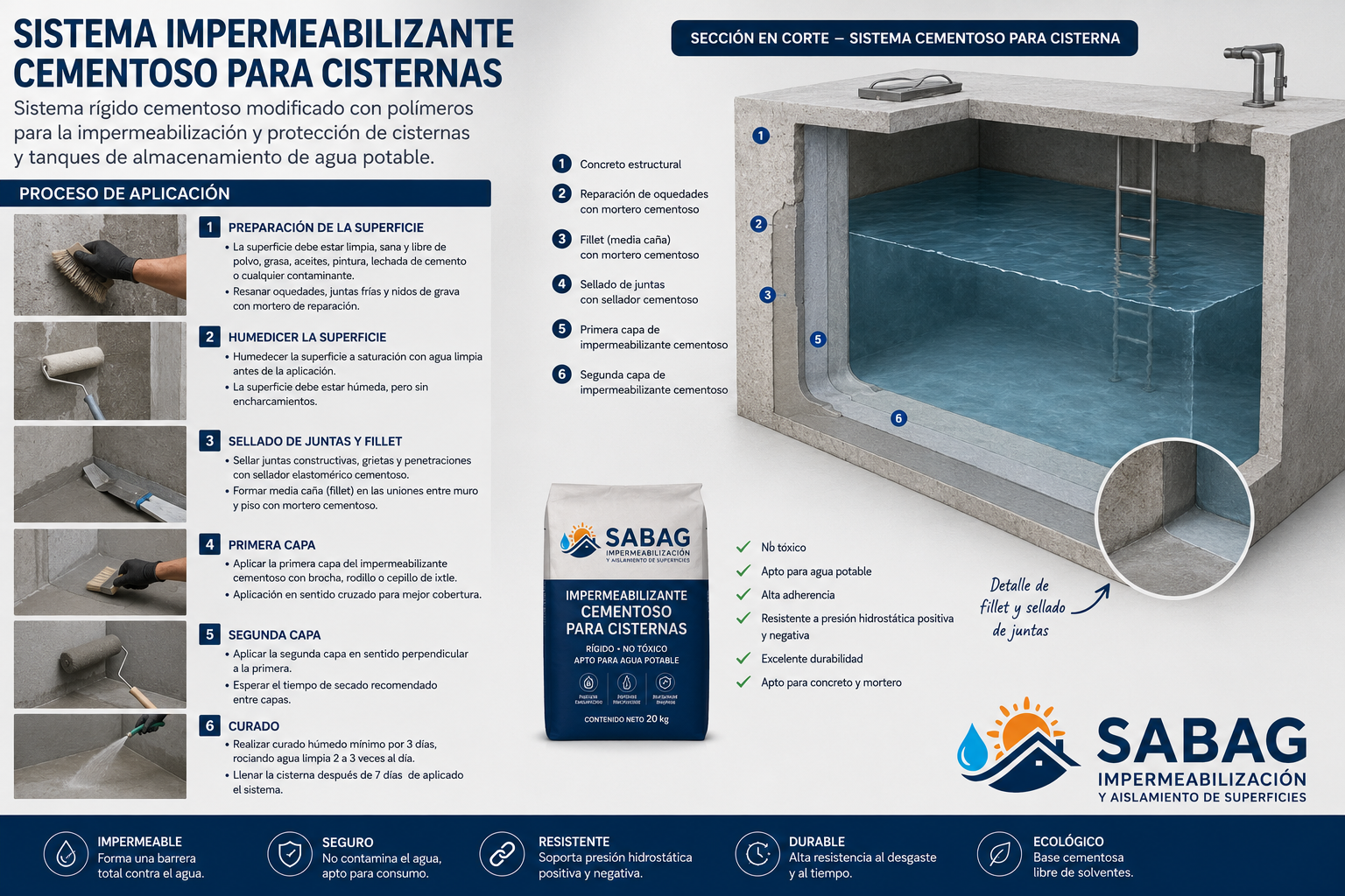 Sistema impermeabilizante cementoso para cisternas con proceso de aplicación y sección constructiva